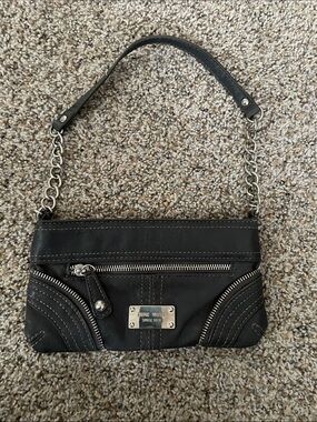 Nine West Black Leather Wristlet with Silver Chain Handle